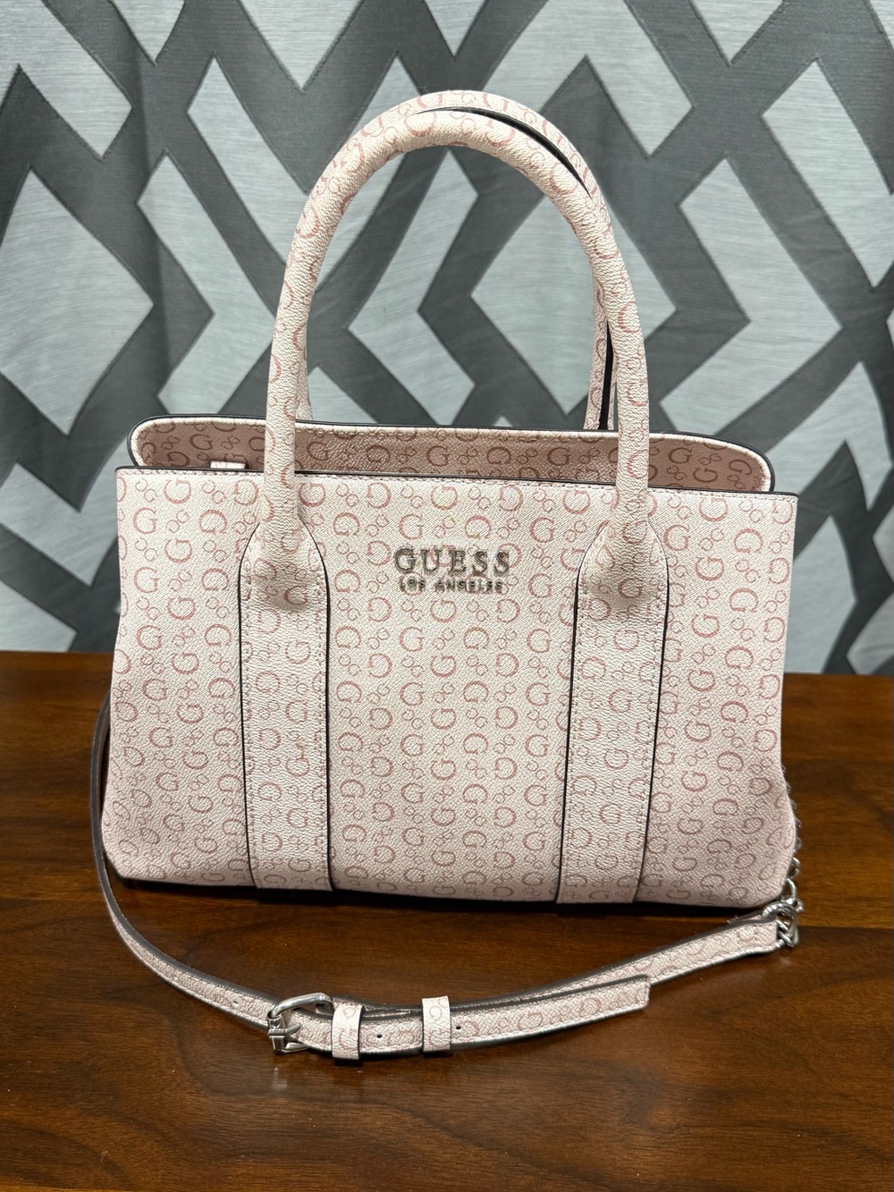 GUESS Light Pink Logo Print Satchel with Removable Strap